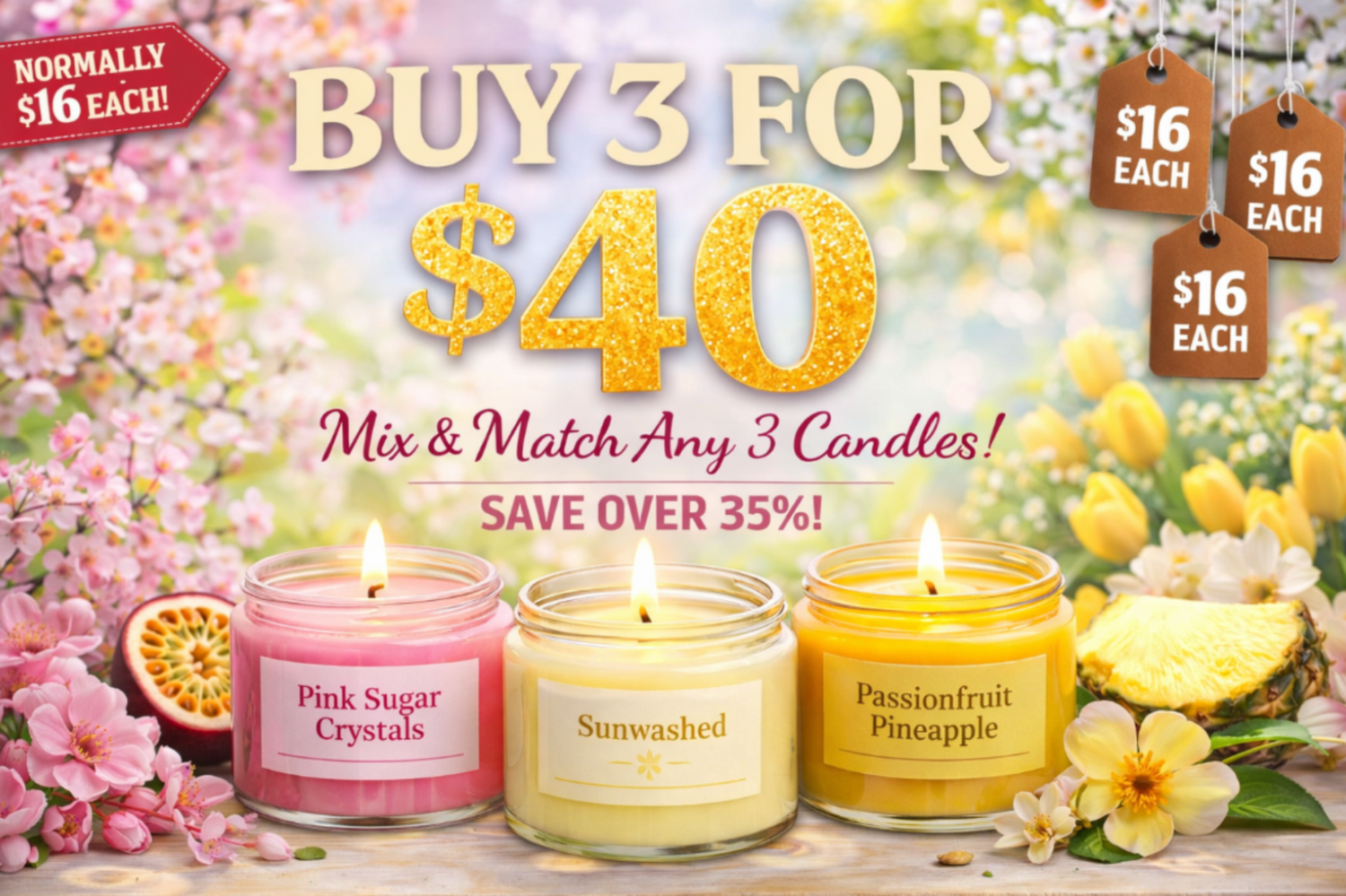 Promotional image of scented candles with a buy 3 for $40 offer, surrounded by flowers and decorative elements.