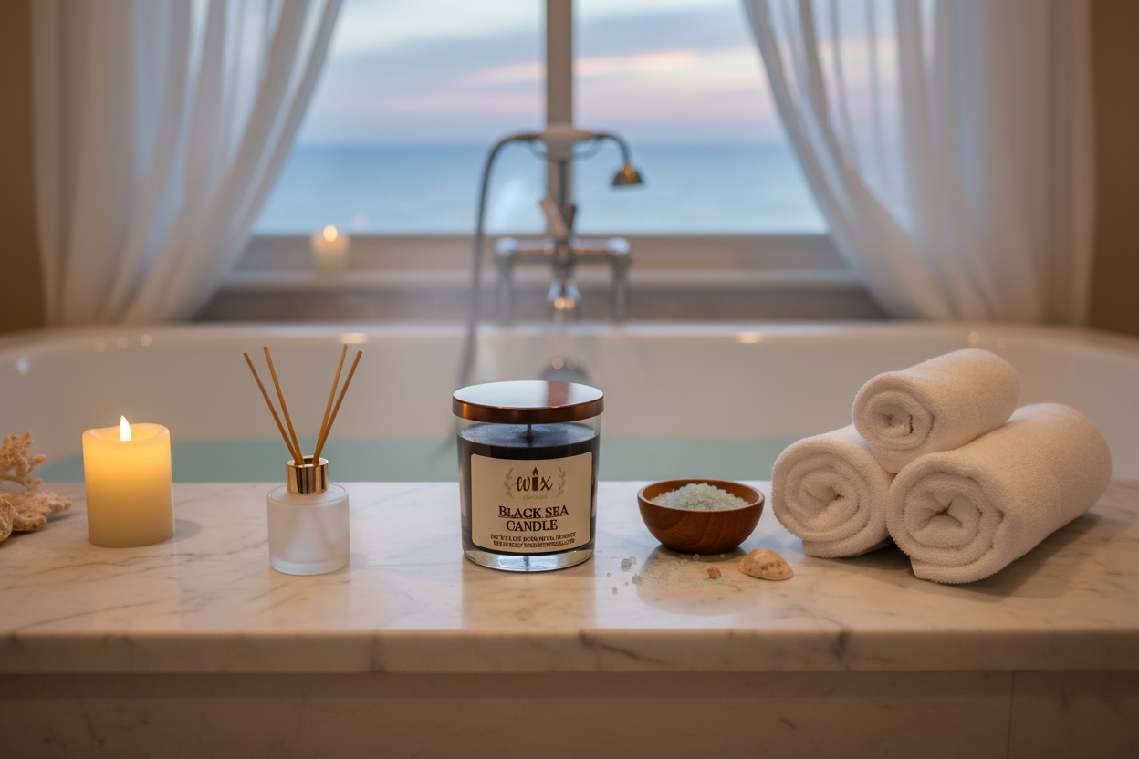 Black Sea Candle in Bathroom Setting